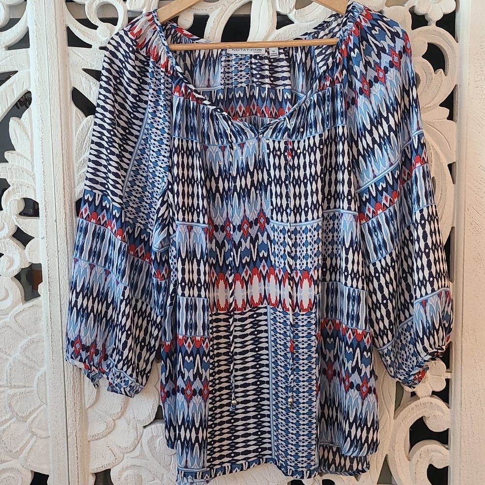 Notations Blue Multicolor Patterned Peasant Blouse